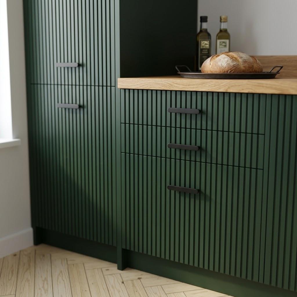 A modern kitchen setting features deep green fluted cabinets with sleek black handles, a light oak countertop with a rustic bread loaf and olive oil bottles, and a detailed herringbone wood floor.
