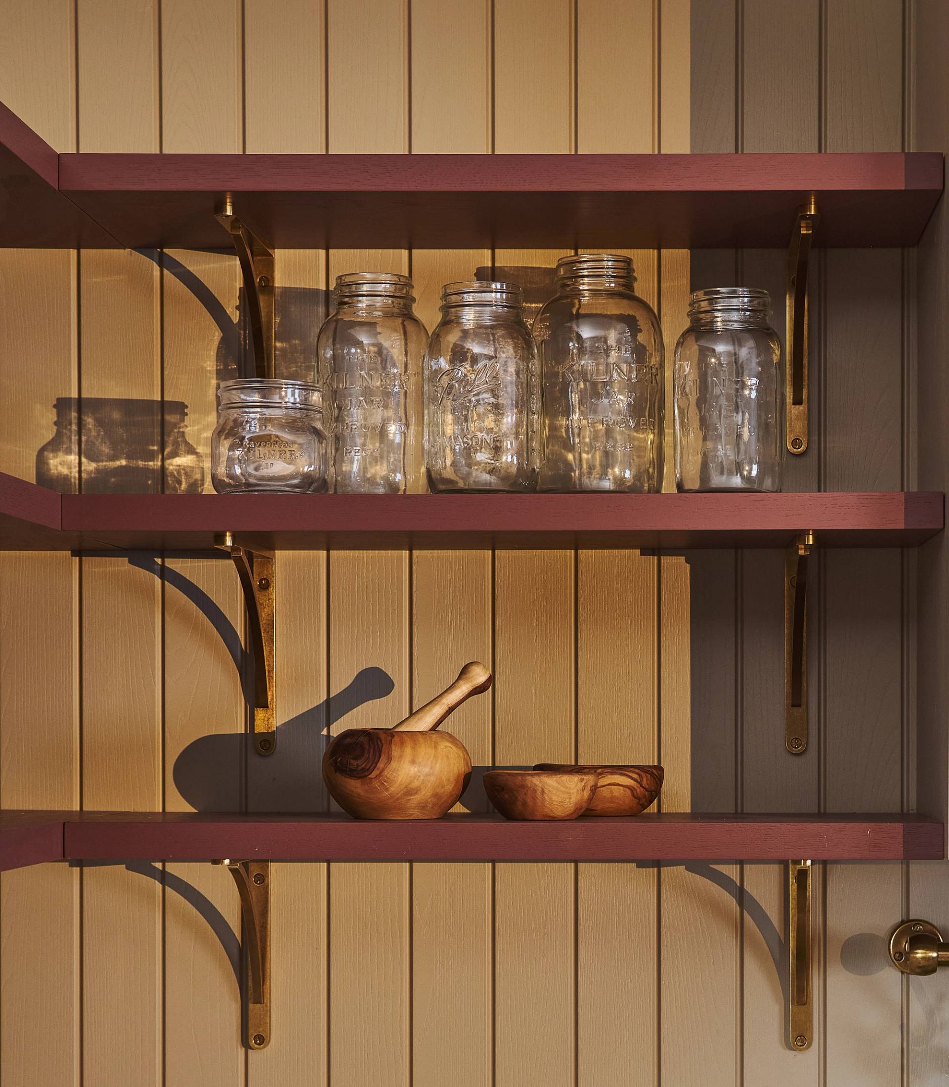 Close-up of open shelving.