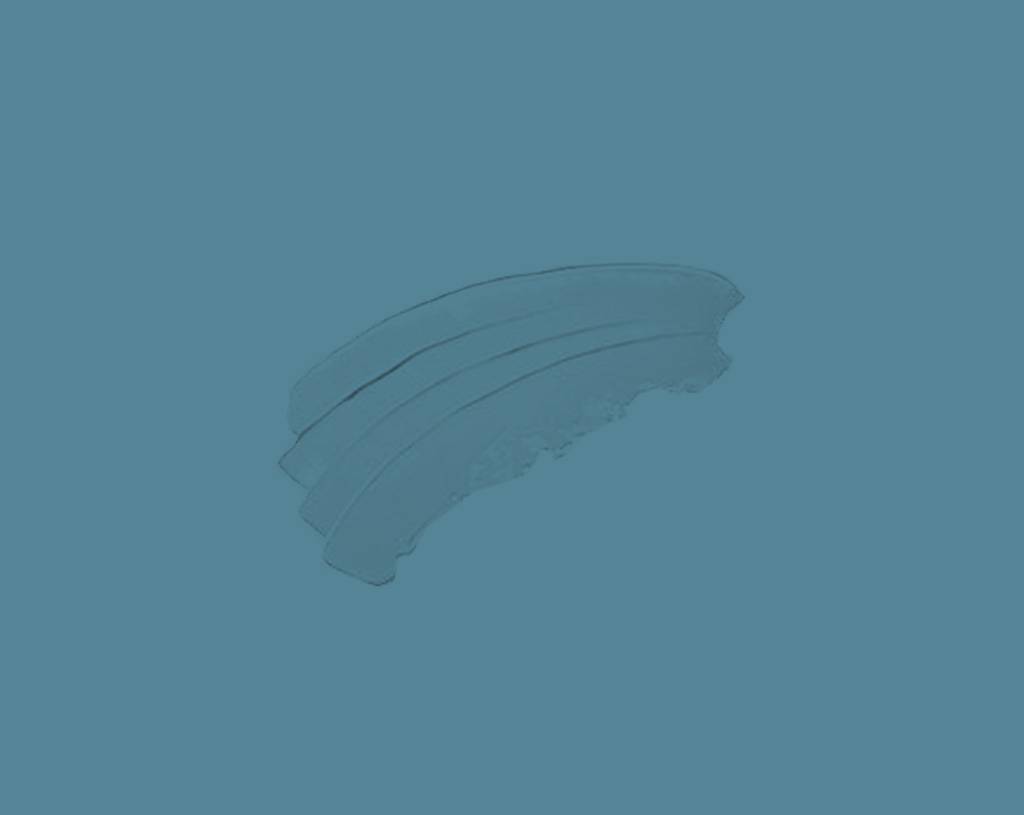 Three curved, overlapping lines resembling brush strokes or a minimalist rainbow, centered on a solid blue background.