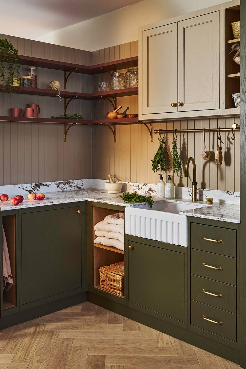 taupe warm neutrals and green kitchen trends
