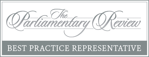 Logo featuring grey script text that reads "The Parliamentary Review" set against a white background, above a solid grey rectangle containing the uppercase text "BEST PRACTICE REPRESENTATIVE."