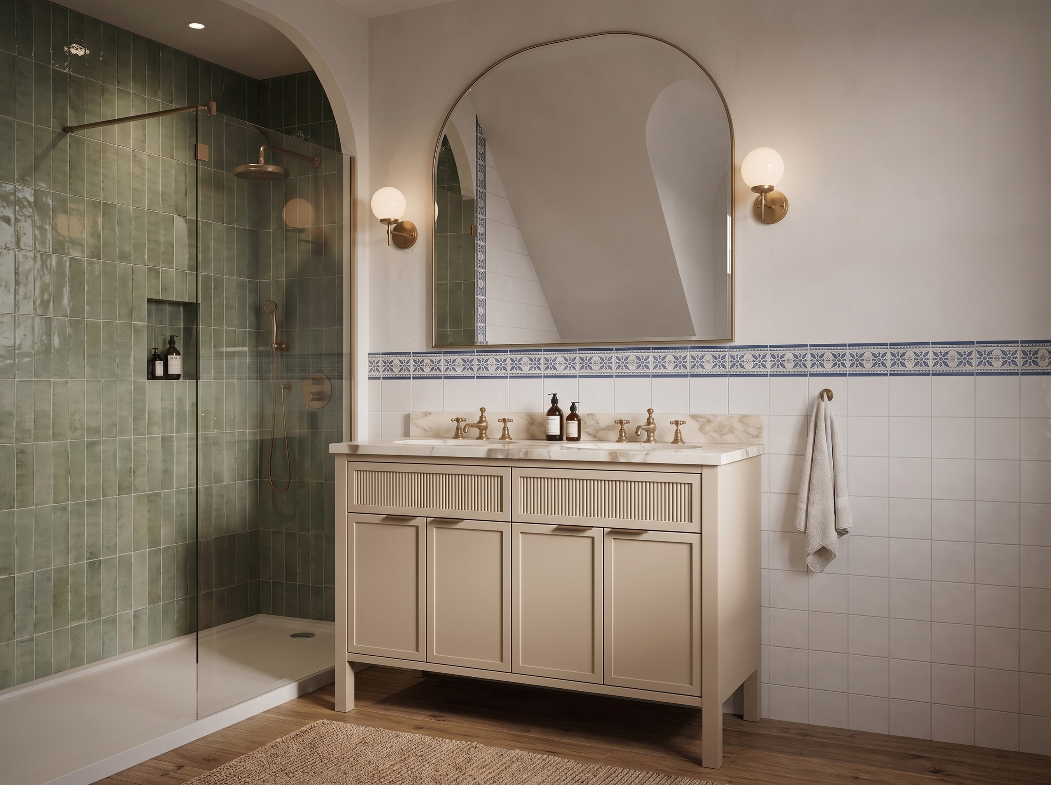 A Farringdon double vanity unit, painted, with reeded drawer fronts and plain doors, a marble worktop, twin basins and brass taps, in a bathroom with green tile and an arched mirror.