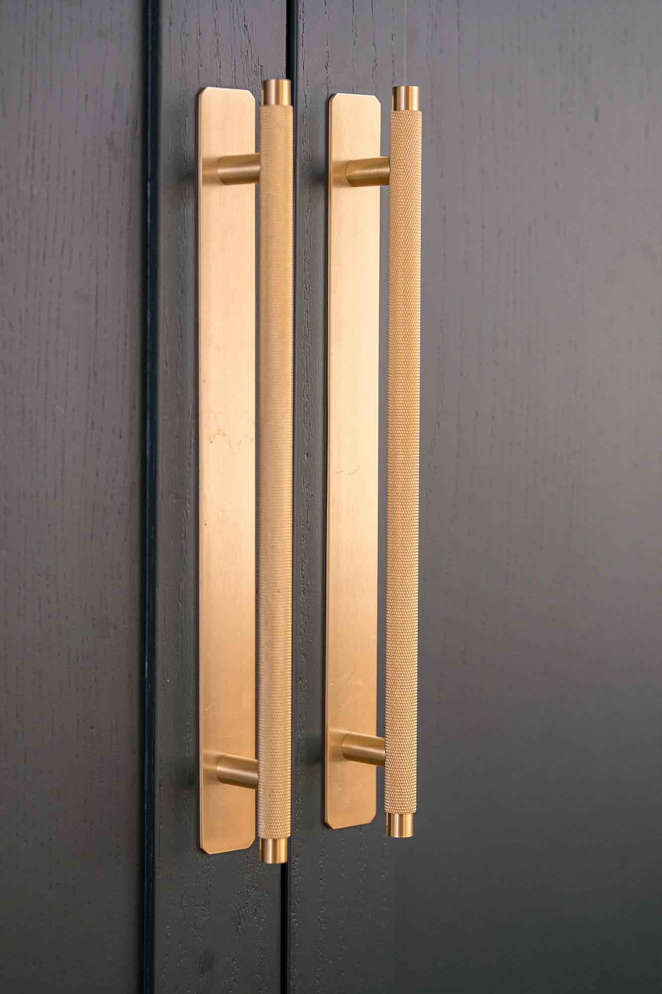 Close-up of two vertical gold handles on a dark-colored cabinet or door, with a modern and sleek design.