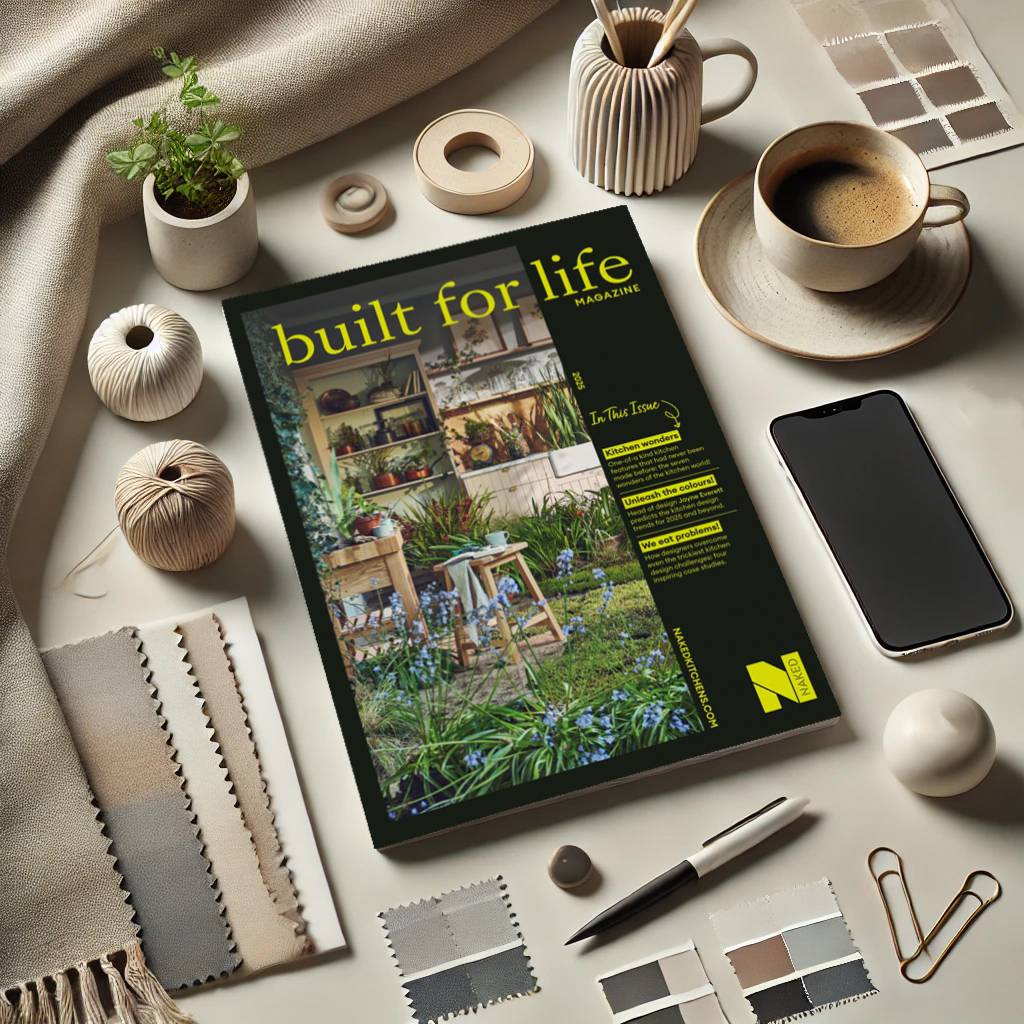 A top-down flat-lay featuring the 2025 issue of "built for life MAGAZINE" by Naked Kitchens. The magazine, which shows a lush indoor-outdoor kitchen scene on its cover, is surrounded by design-focused items: fabric and paint swatches in neutral and grey tones, a cup of coffee, a black smartphone, a small potted plant, balls of twine, and a white pen. The arrangement is clean and professional, set against a light-colored, minimalist background.