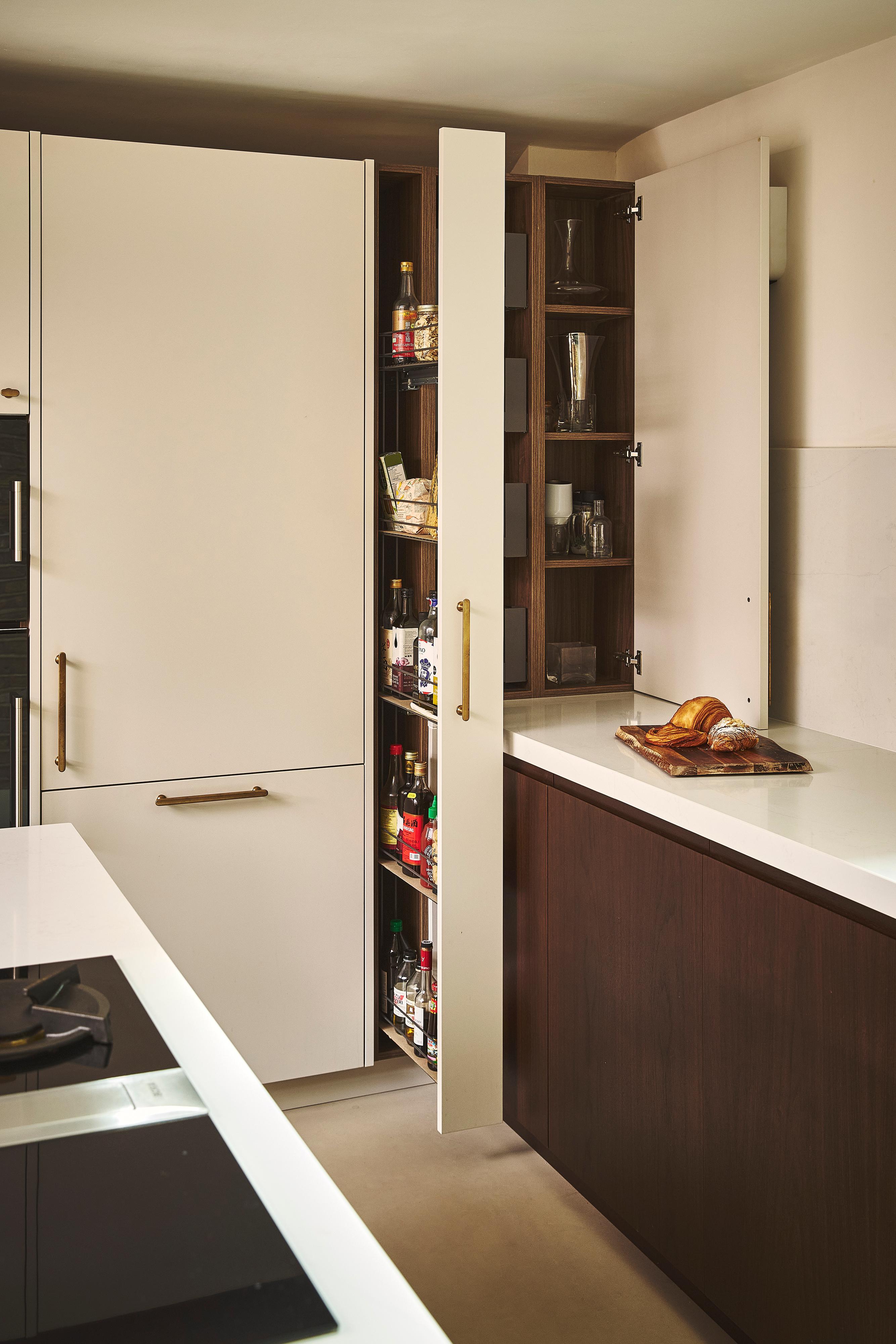 Modern kitchen with pull out storage unit.