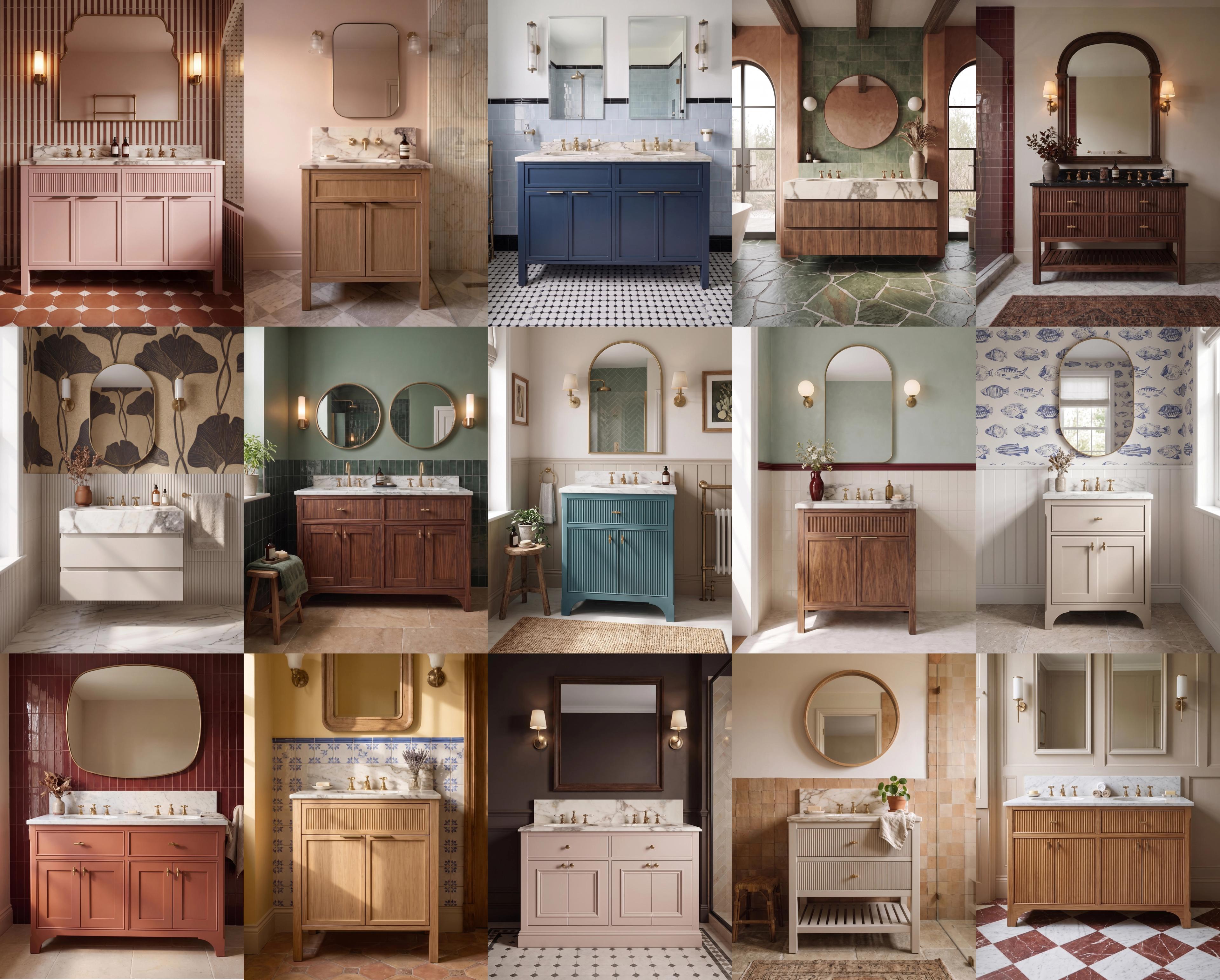 A grid of fifteen Naked vanity units photographed in bathrooms: painted, solid oak and walnut, single and double basins, freestanding on legs and wall-mounted.