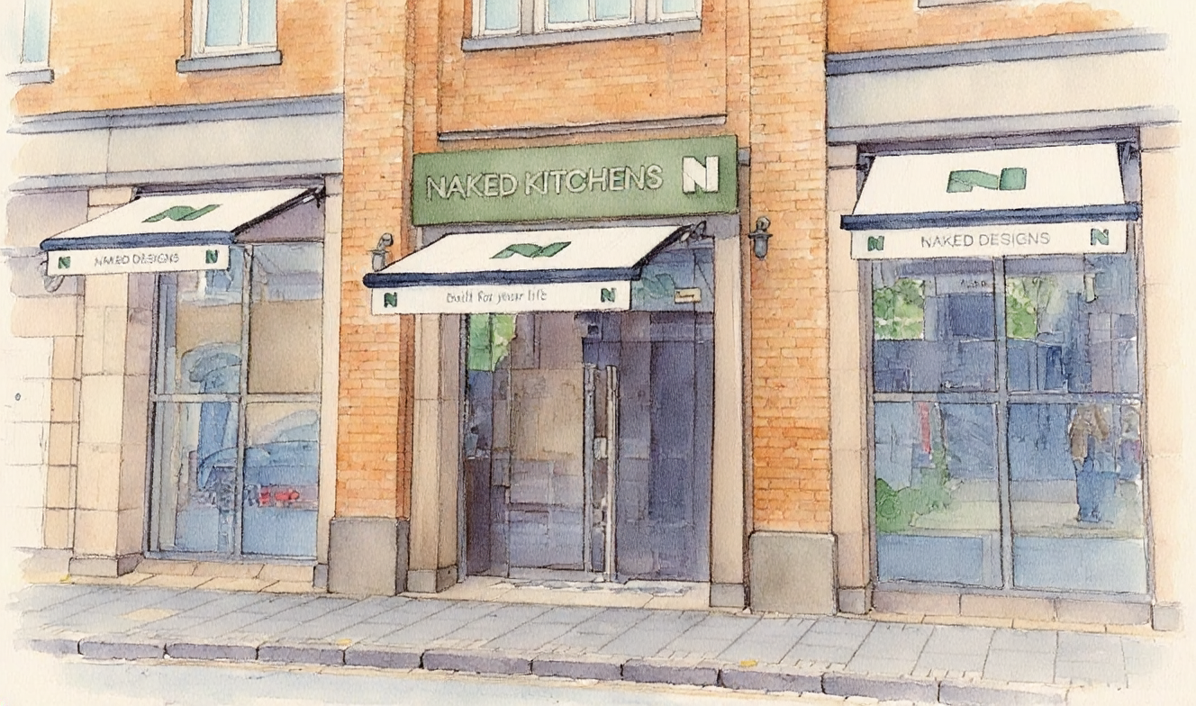 Watercolour painting of the outside of the Naked Kitchens Cambridge showroom on Regent Street