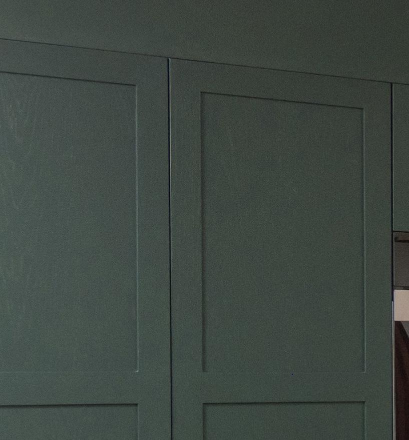A partially open green cabinet door reveals a small section of a dark interior, while the rest of the smooth cabinet panels remain closed.