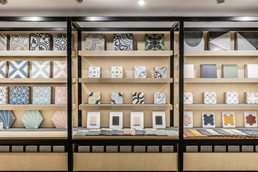 Display showcasing various bright tiles with various patterns
