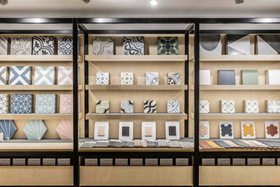 Display showcasing various bright tiles with various patterns
