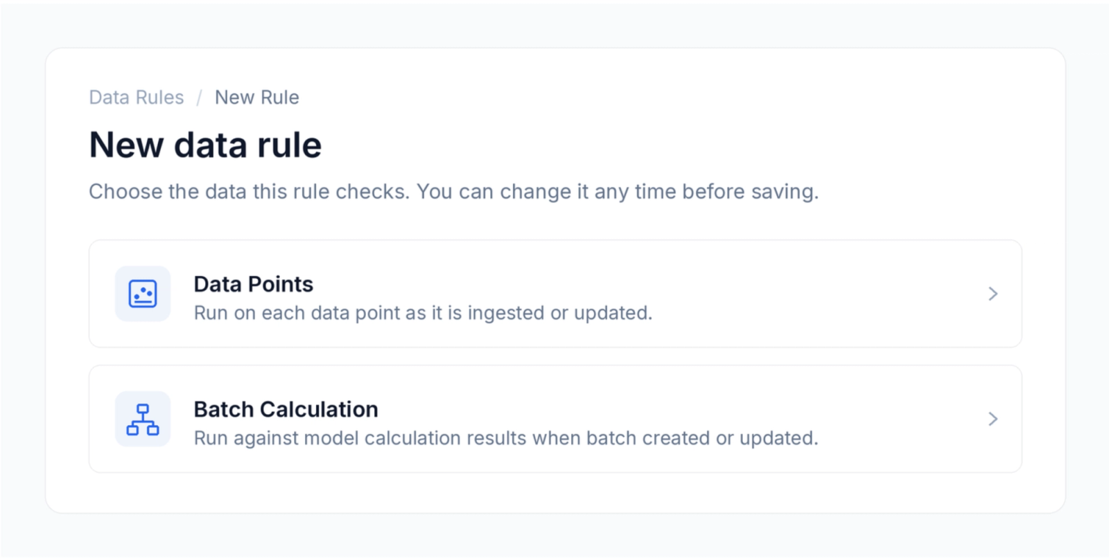 New data rule screen in Mangrove showing the two rule types, Data Points and Batch Calculation