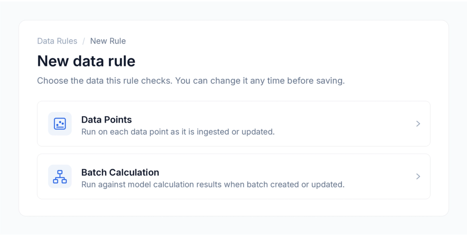 New data rule screen in Mangrove showing the two rule types, Data Points and Batch Calculation