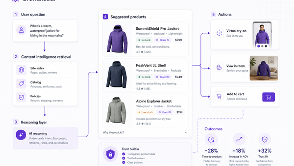 Diagram of grounded AI shopping flow from question to product actions and trust signals.
