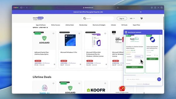StackSocial Assistant showing lifetime deals on stacksocial.com