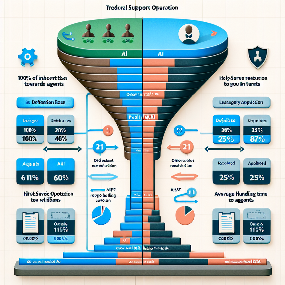 Before-and-after support funnel showing 60% AI deflection with labeled KPIs.