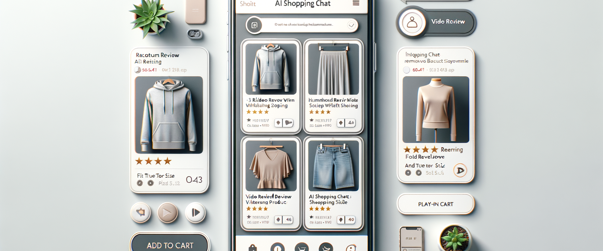 AI shopping chat showing inline video review cards with timestamp highlights and add-to-cart.