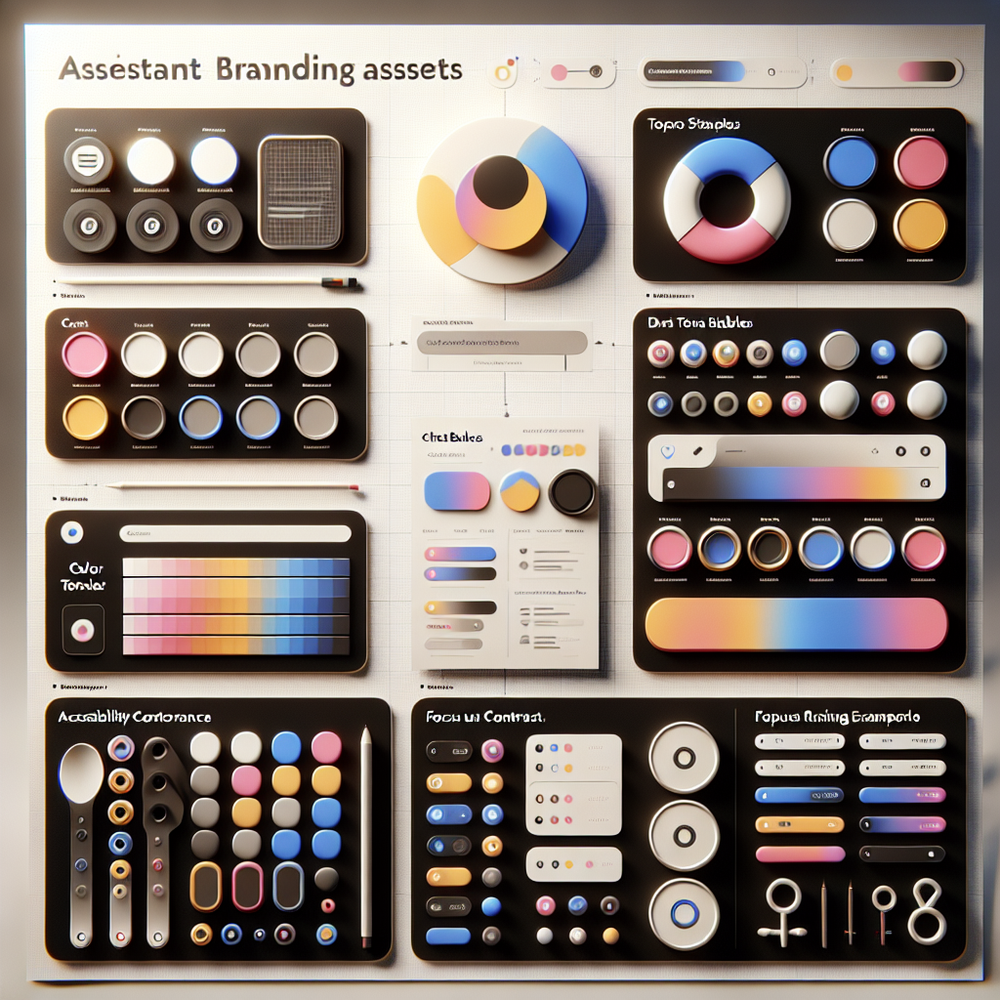 Assistant design tokens and UI components sheet with annotated color, type, and accessibility details.
