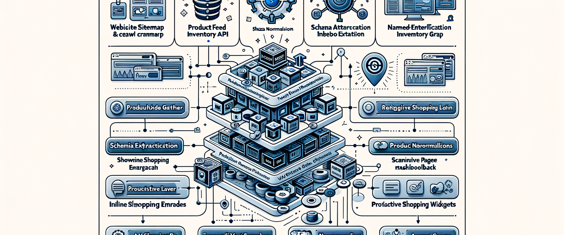 Diagram of a content intelligence pipeline connecting crawl, extraction, graph, and AI shopping experiences.