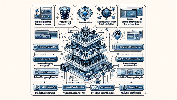 Diagram of a content intelligence pipeline connecting crawl, extraction, graph, and AI shopping experiences.