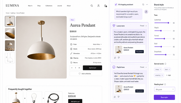 UI comparison of two assistant tone presets applied to the same product query with a visible brand style panel and disclosure badge.