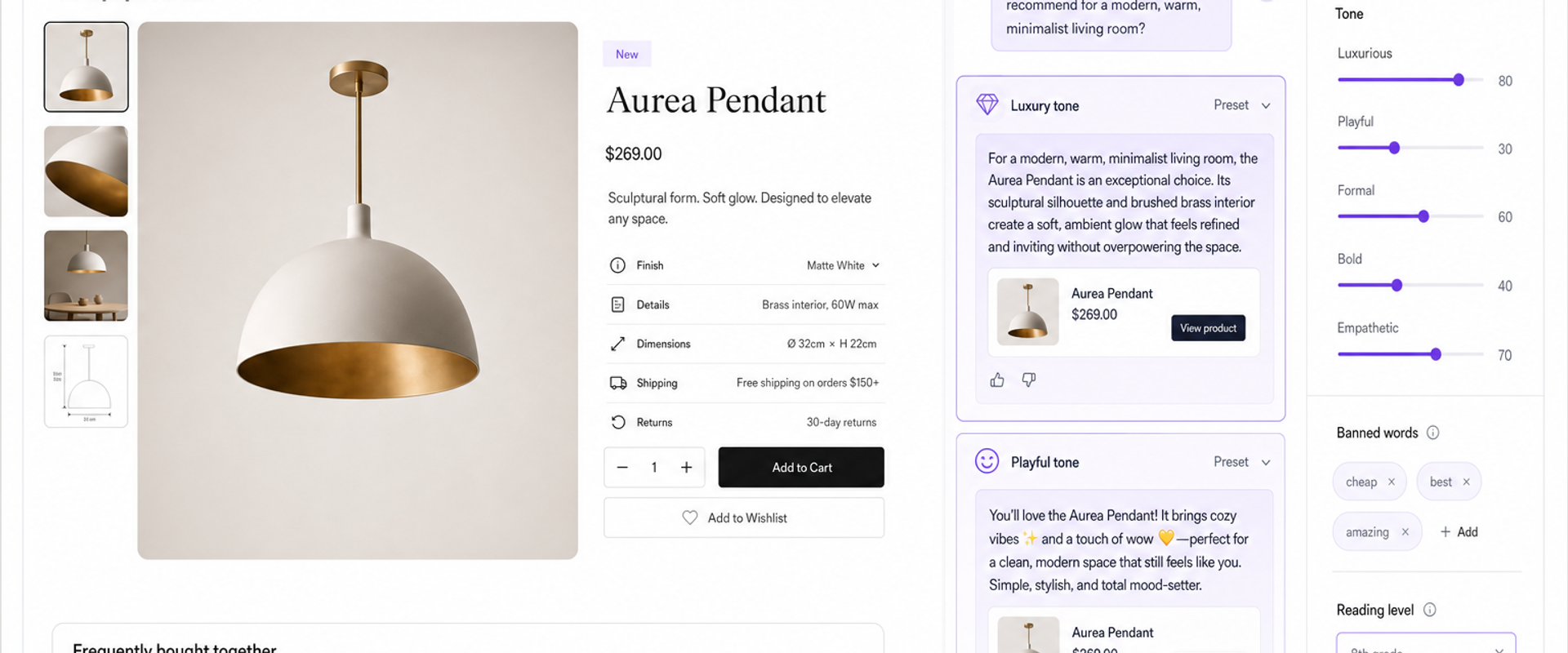 UI comparison of two assistant tone presets applied to the same product query with a visible brand style panel and disclosure badge.