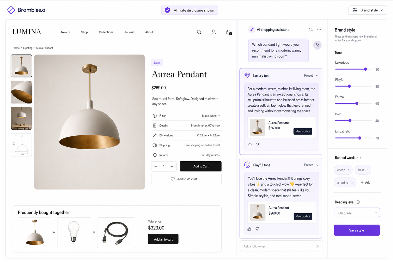 UI comparison of two assistant tone presets applied to the same product query with a visible brand style panel and disclosure badge.