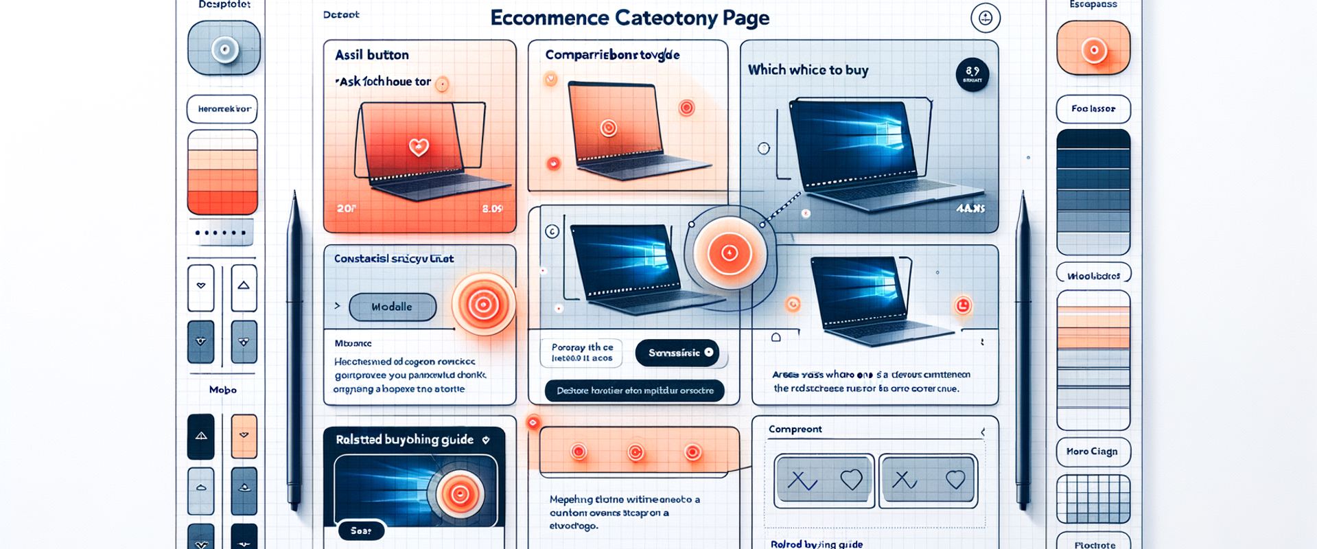 Annotated UX wireframe highlighting four buy-advice placements on category and guide pages.