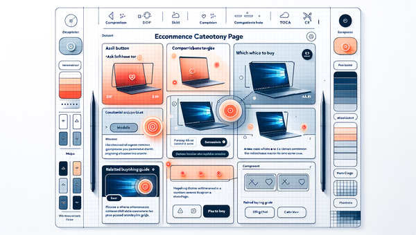 Annotated UX wireframe highlighting four buy-advice placements on category and guide pages.