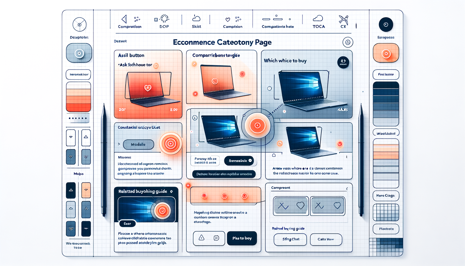 Annotated UX wireframe highlighting four buy-advice placements on category and guide pages.
