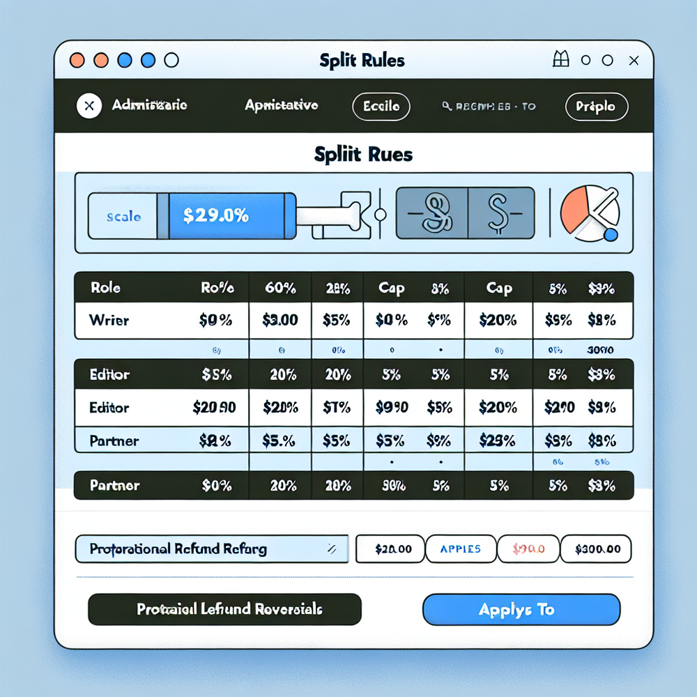 Admin UI showing configurable revenue split rules and a live preview of amounts.
