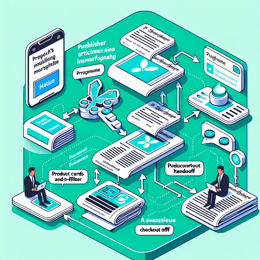 Diagram of a publisher article flowing into a guided shopping chat experience with product cards and checkout handoff.