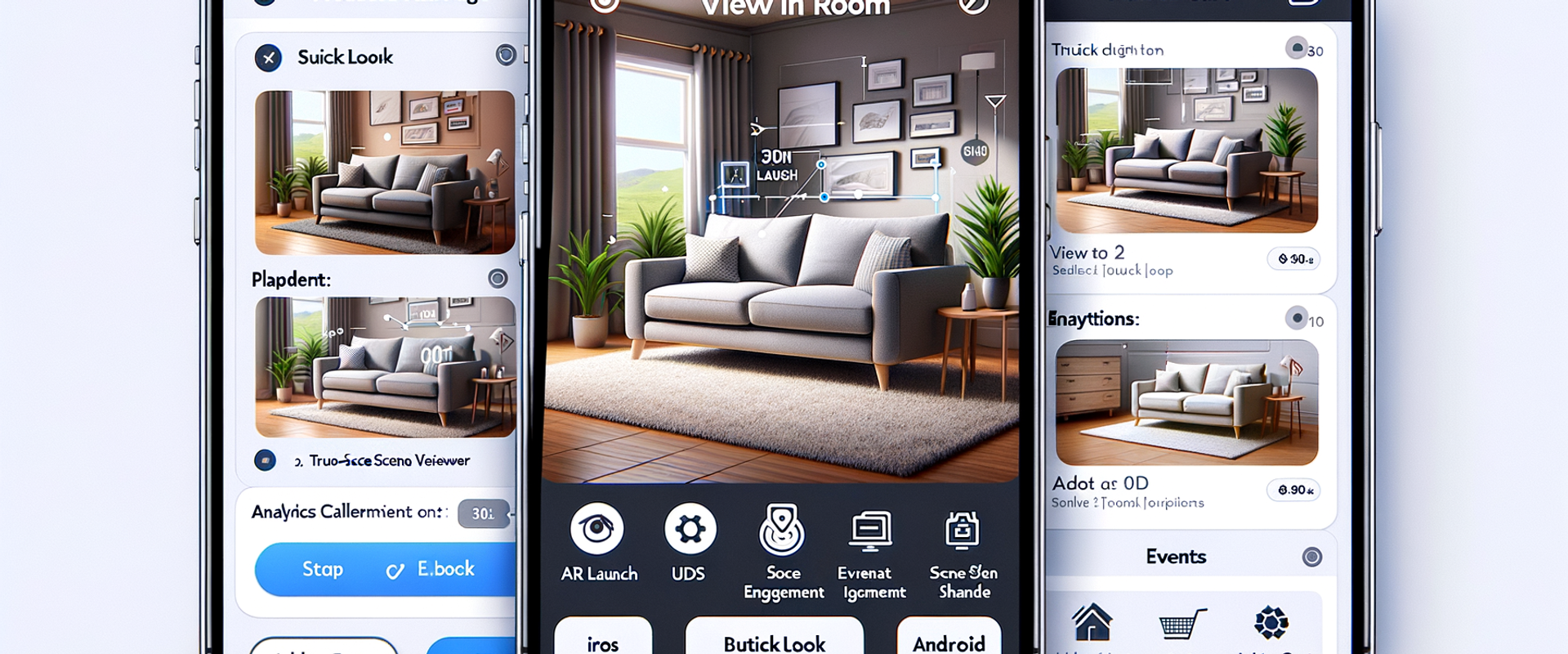 UX flow: PDP to AR placement to add-to-cart, with iOS/Android labels and analytics events annotated.