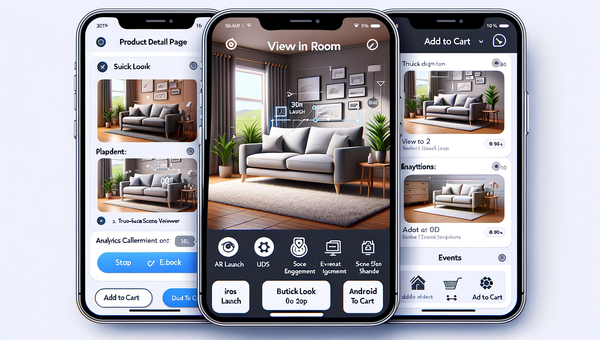 UX flow: PDP to AR placement to add-to-cart, with iOS/Android labels and analytics events annotated.