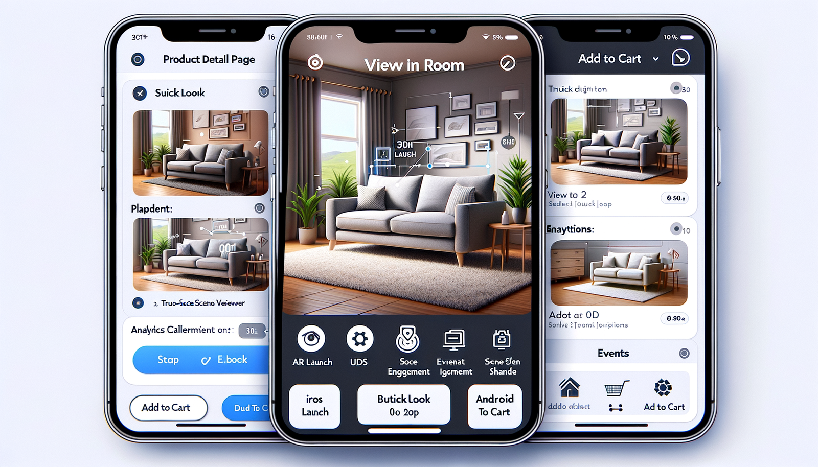 UX flow: PDP to AR placement to add-to-cart, with iOS/Android labels and analytics events annotated.