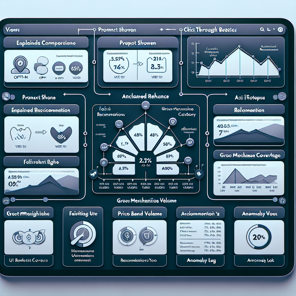 Analytics dashboard showing consent funnel, fairness coverage, explainability impact, and GMV from recommendations.