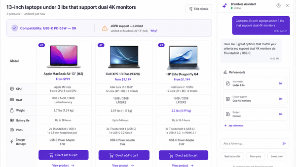 Side-by-side laptop comparison UI with compatibility flags and a conversational filter panel.