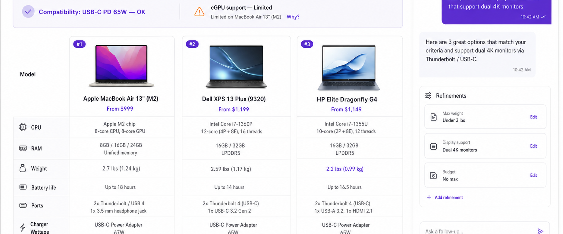 Side-by-side laptop comparison UI with compatibility flags and a conversational filter panel.