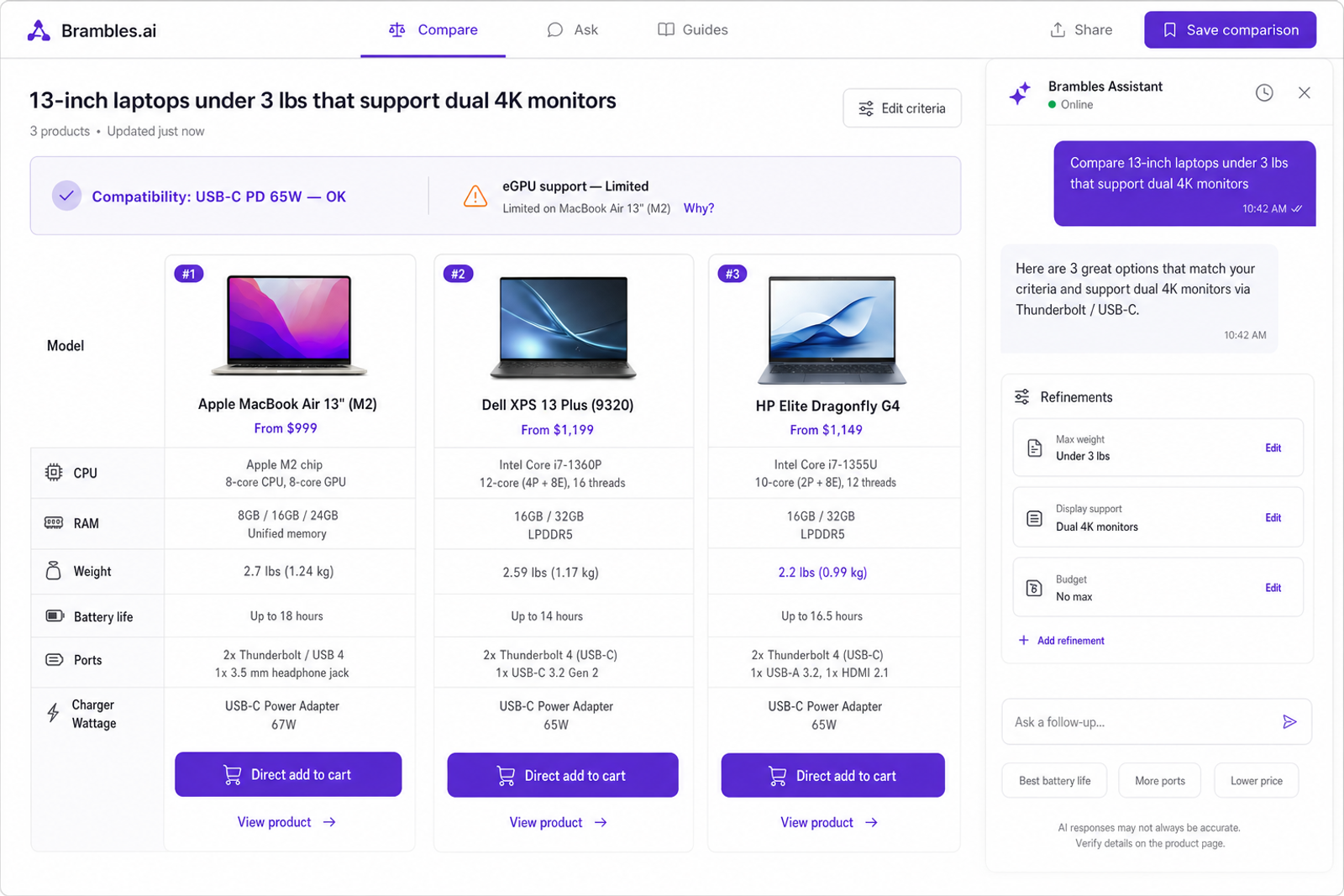 Side-by-side laptop comparison UI with compatibility flags and a conversational filter panel.