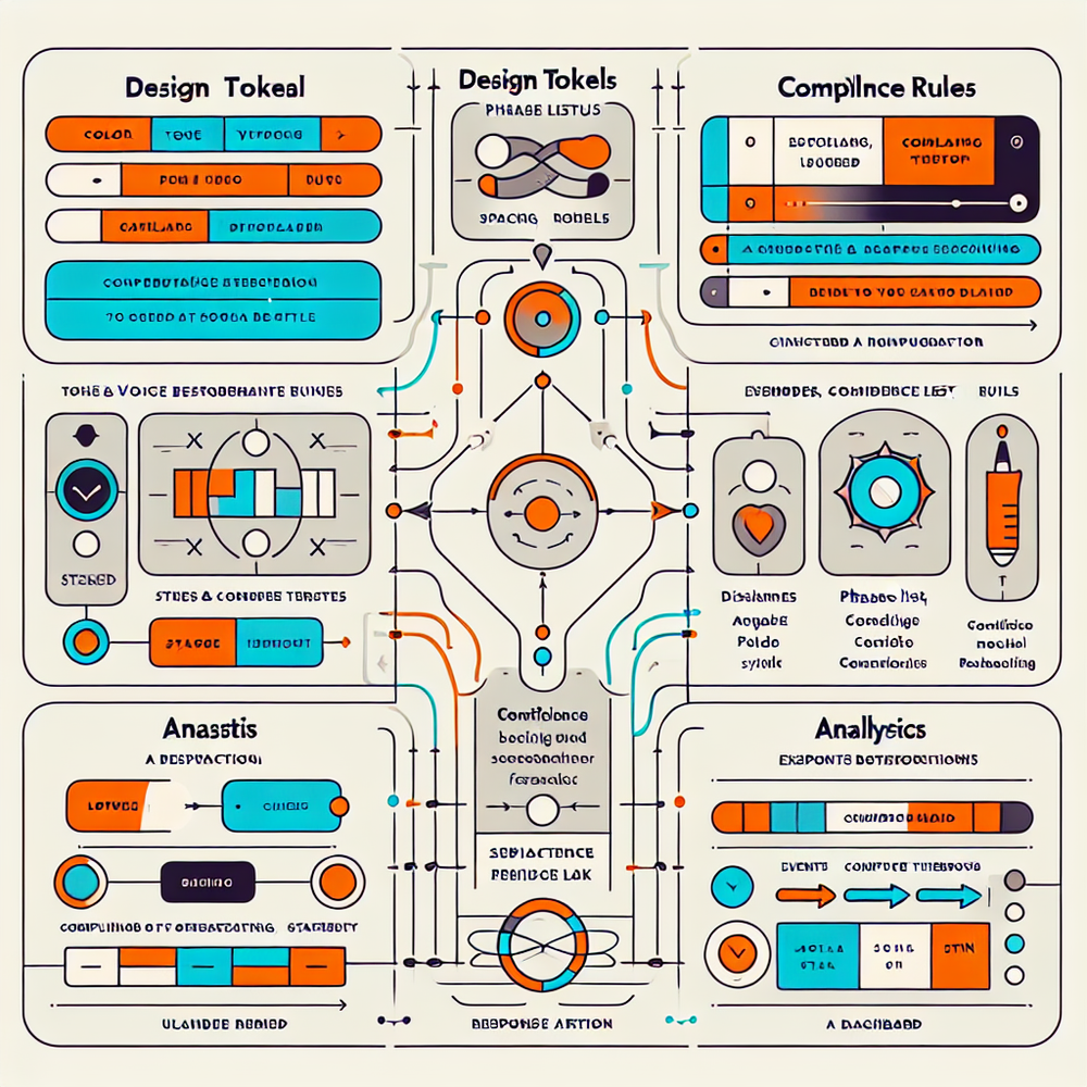 System architecture linking design tokens, tone/voice rules, and compliance disclosures to the assistant UI and analytics.