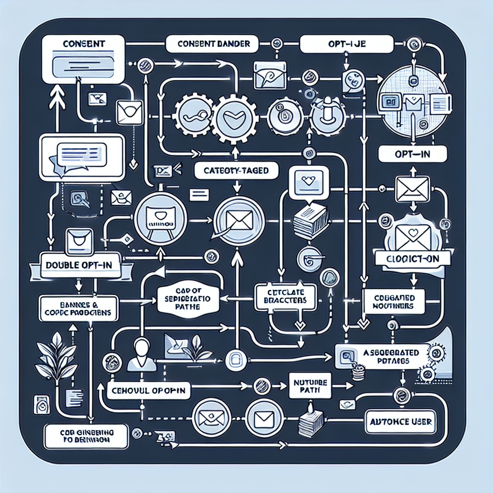 Consent-forward capture and segmented email journey mapped to monetization points.