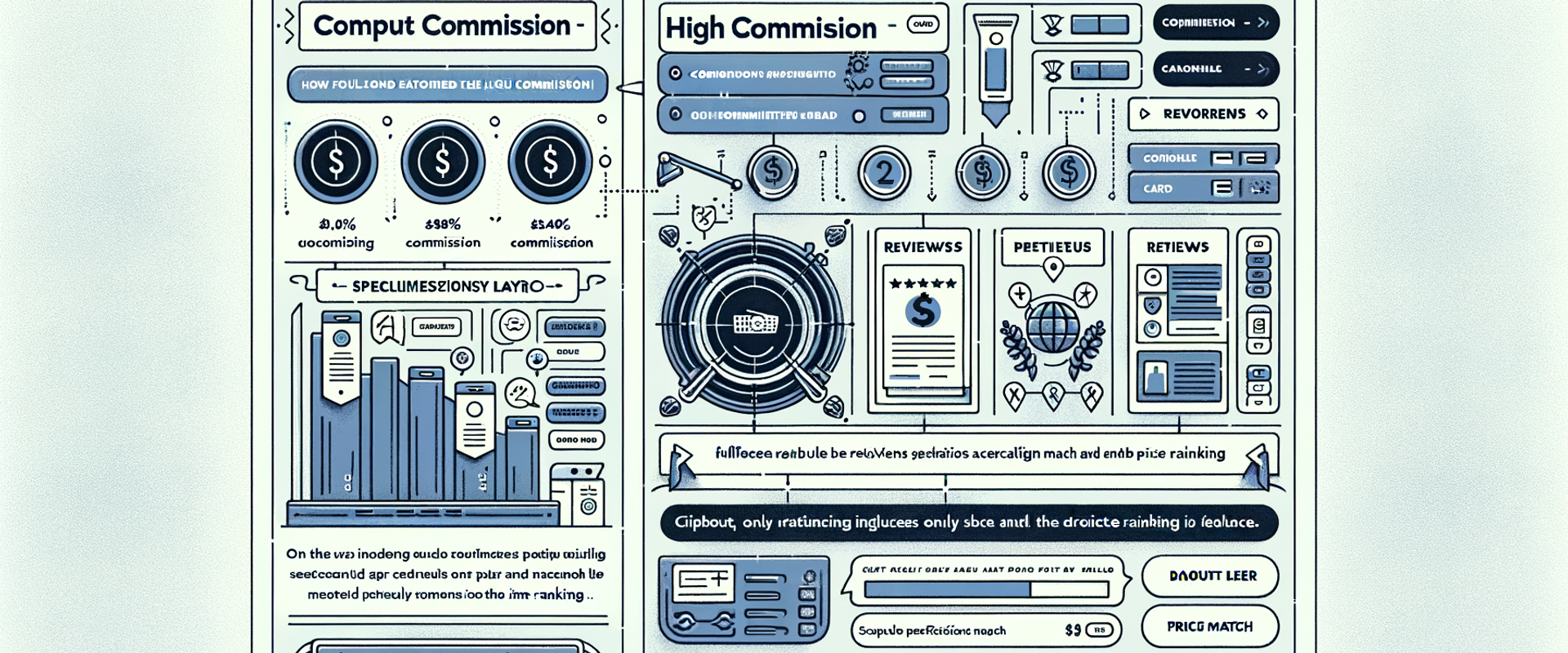 Side-by-side visualization comparing commission-weighted rankings vs unbiased discovery-only rankings, with a separate payout engine box.