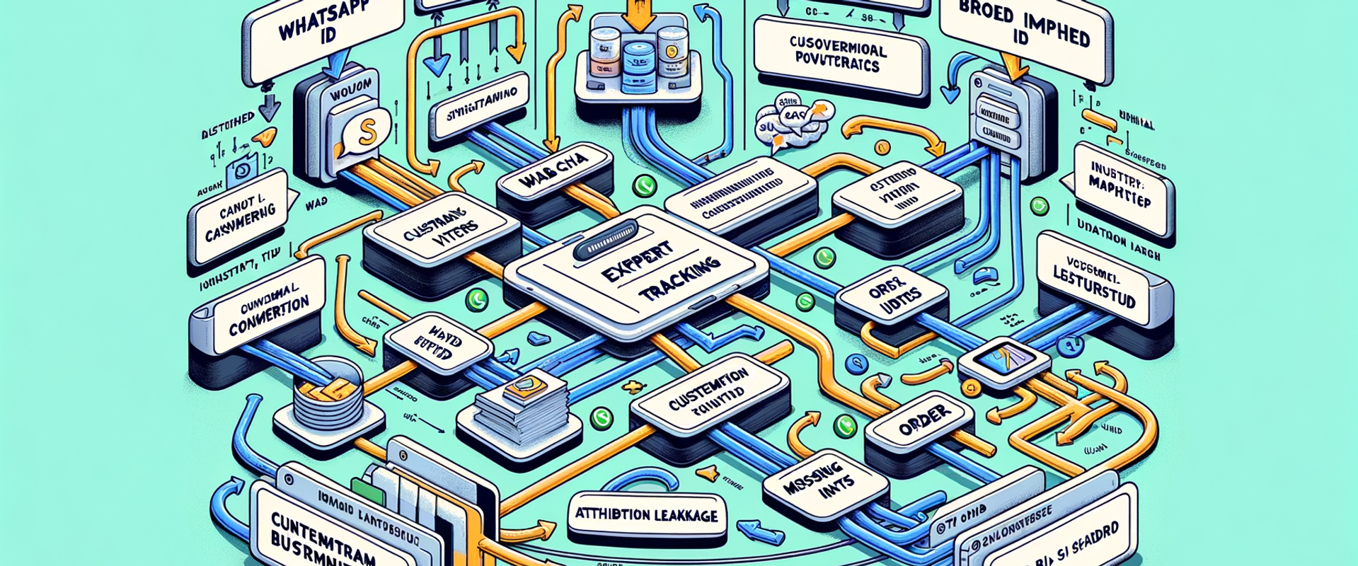 Diagram contrasting fragmented chat tracking with a unified event and ID architecture for conversational commerce analytics.