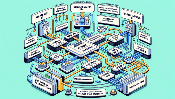 Diagram contrasting fragmented chat tracking with a unified event and ID architecture for conversational commerce analytics.
