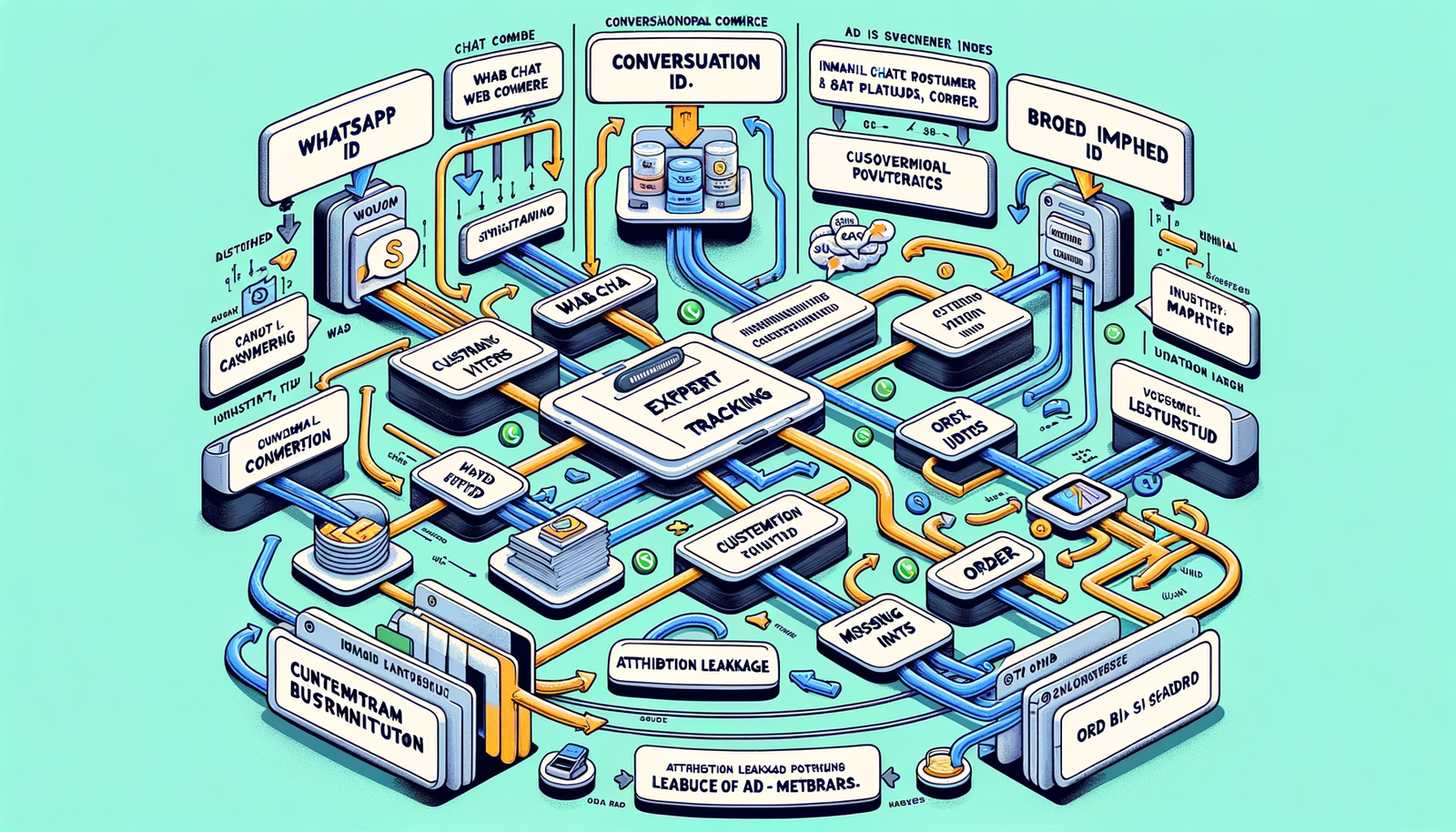 Diagram contrasting fragmented chat tracking with a unified event and ID architecture for conversational commerce analytics.