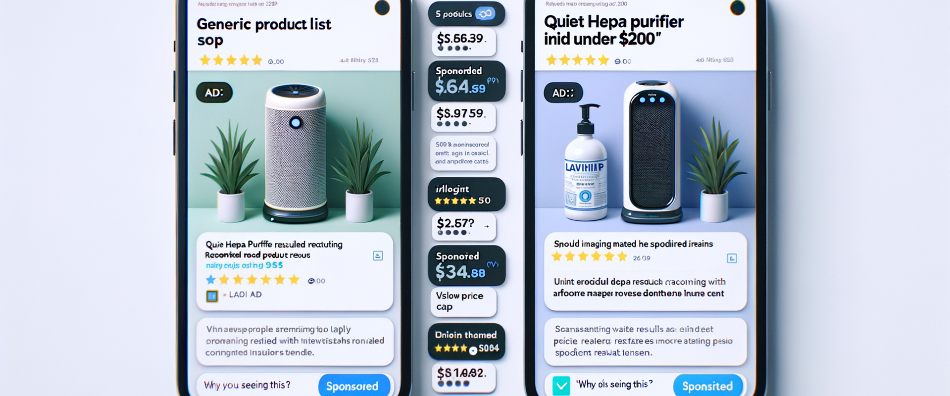 Side-by-side UX: unclear legacy ads vs. clearly disclosed, relevant AI-sponsored placements