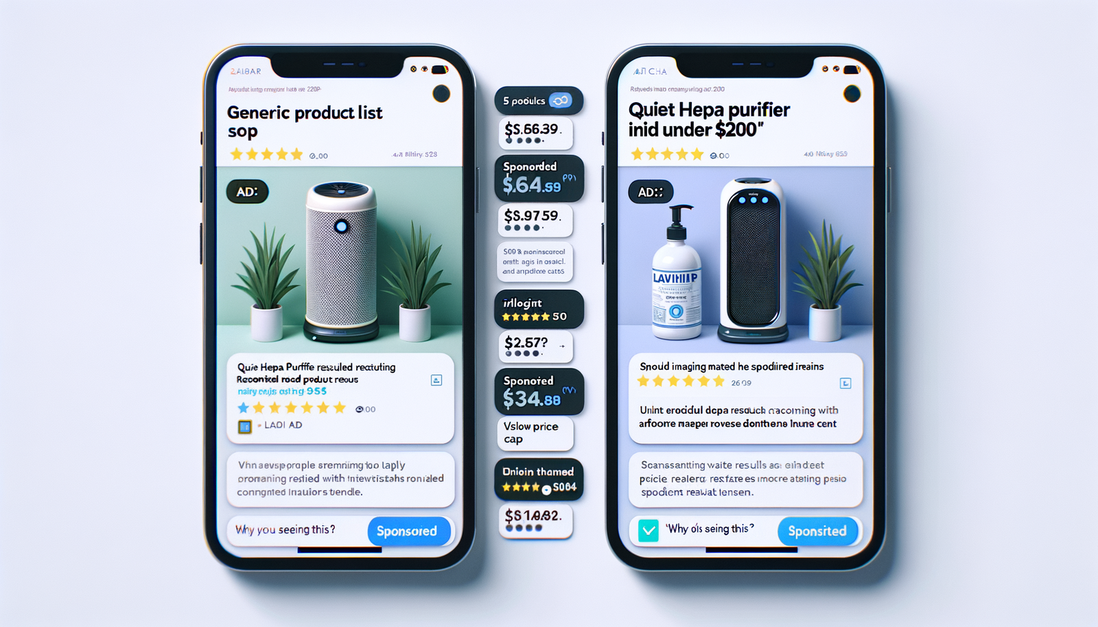 Side-by-side UX: unclear legacy ads vs. clearly disclosed, relevant AI-sponsored placements