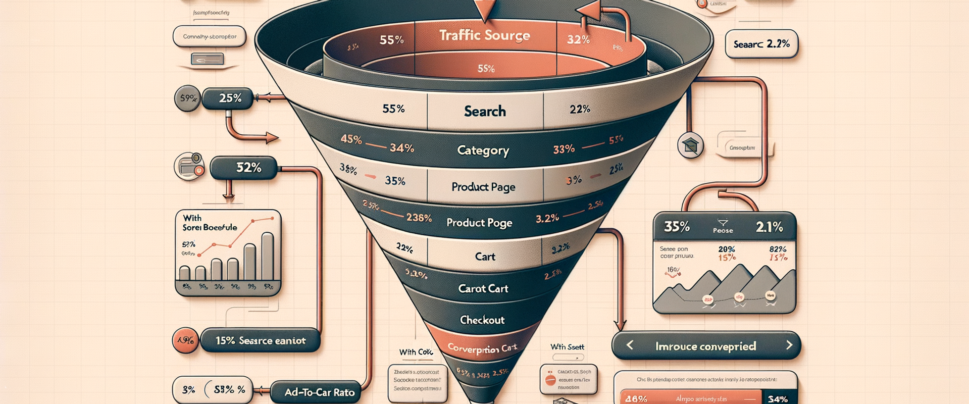 Small-store ecommerce funnel with and without an AI assistant, highlighting reduced search exits and higher conversion.
