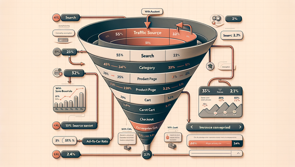 Small-store ecommerce funnel with and without an AI assistant, highlighting reduced search exits and higher conversion.