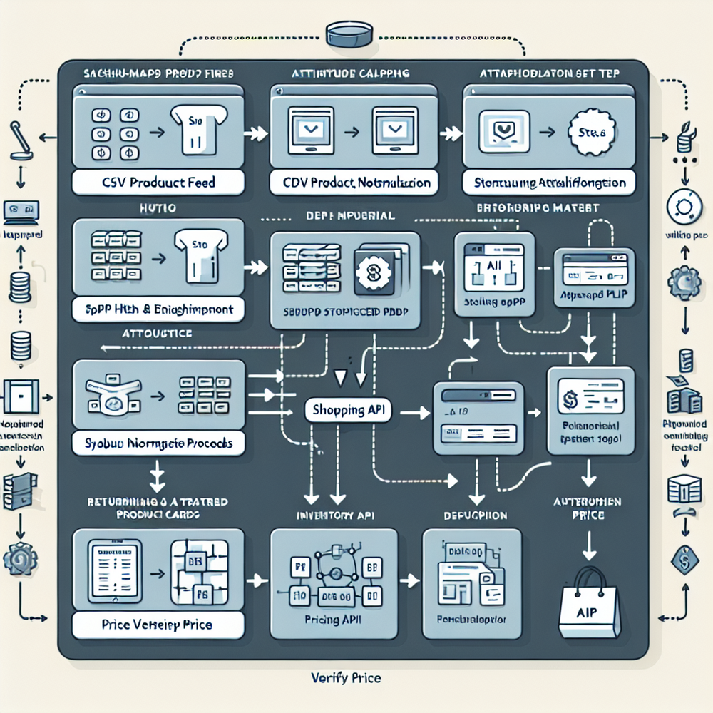 Diagram of messy ecommerce data flowing through normalization, deduplication, and verification into a reliable AI shopping UI.