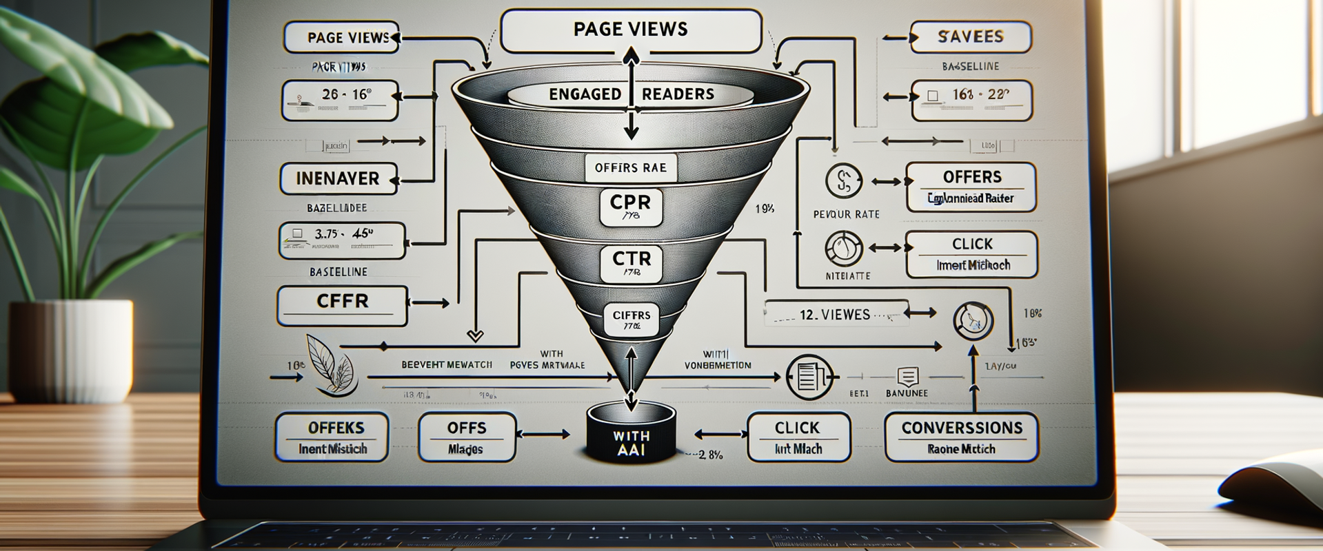 Content monetization funnel comparing baseline vs AI-enhanced flows with annotated drop-offs.